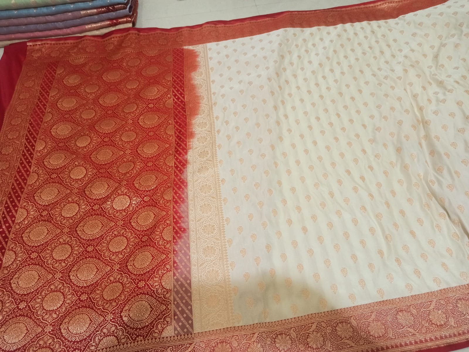 Ivory White Katan Silk Banarasi Saree with Red Zari Border & Gold Buti Work