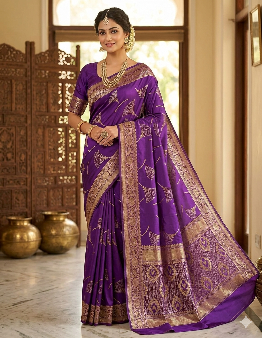 Premium Purple Silk Saree with Golden Zari Work | Elegant Office & Festive Wear Saree