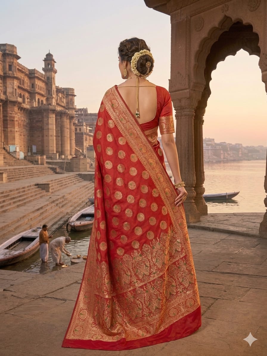 Royal Red Katan Silk Saree with Intricate Peacock Zari Work – Luxury Wedding & Festive Wear