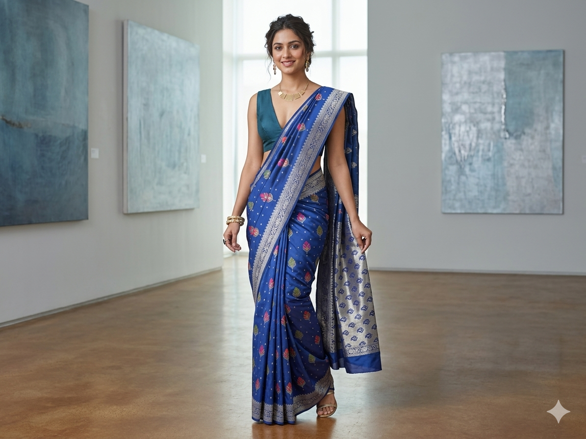 Modern Royal Blue Silk Saree with Silver Zari Border | Elegant Office & Occasion Wear