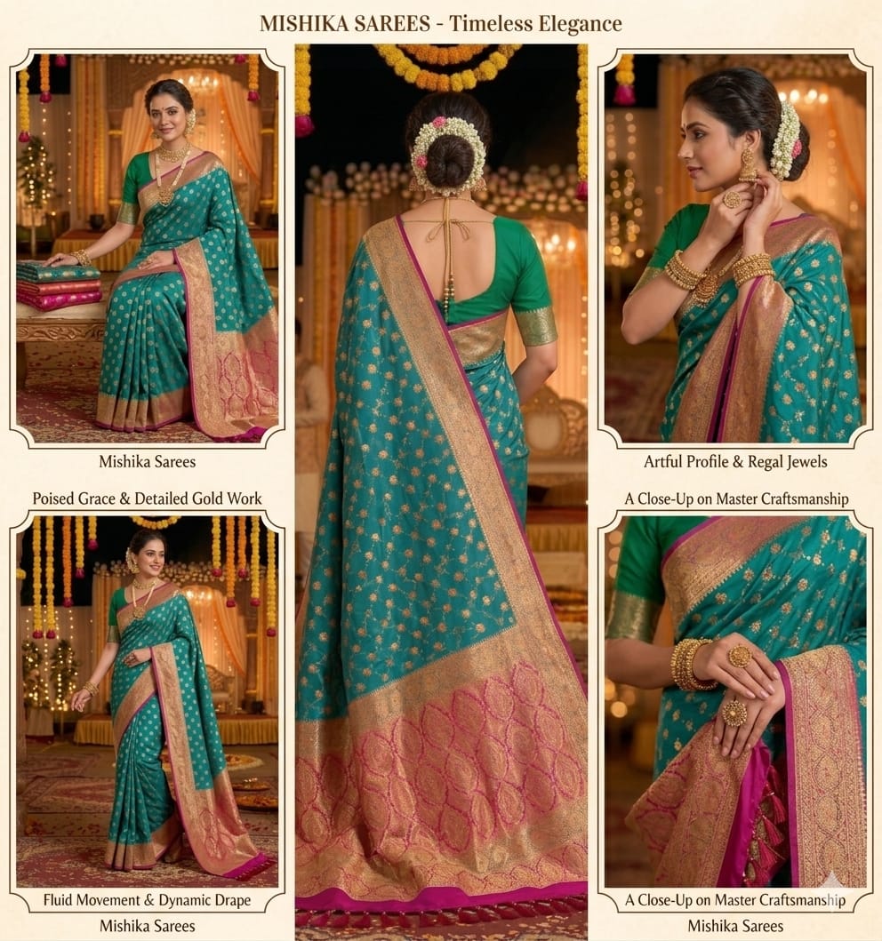 Teal Katan Silk Contrast Saree with Jaal Design & Zari Work – Modern Wedding & Festive Wea