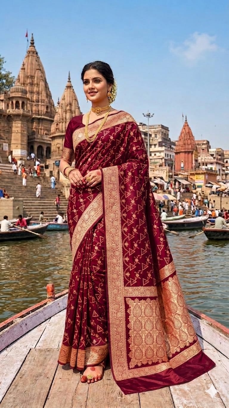 Modern Traditional Maroon Katan Silk Saree | Luxury Ethnic Wear for Women