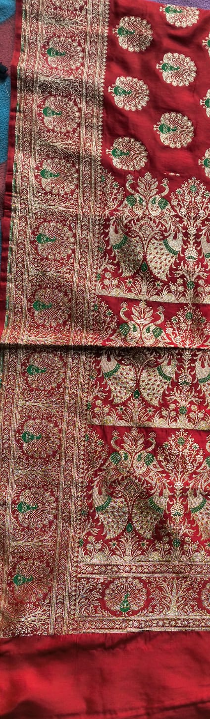 Royal Red Katan Silk Saree with Intricate Peacock Zari Work – Luxury Wedding & Festive Wear