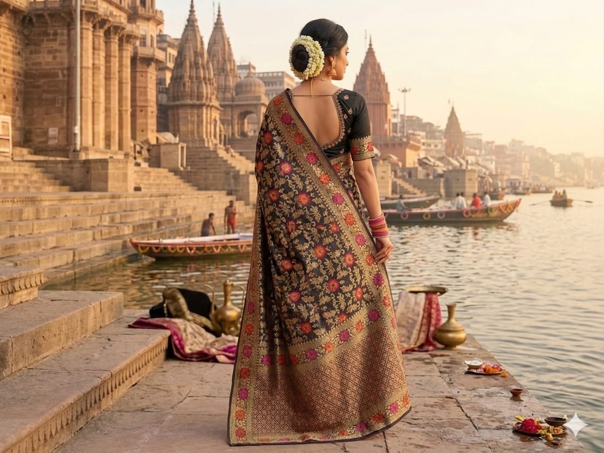 Midnight Black Dola Silk Saree | Exquisite Floral Woven Designer Saree for Elegant Evenings | Mishika Sarees