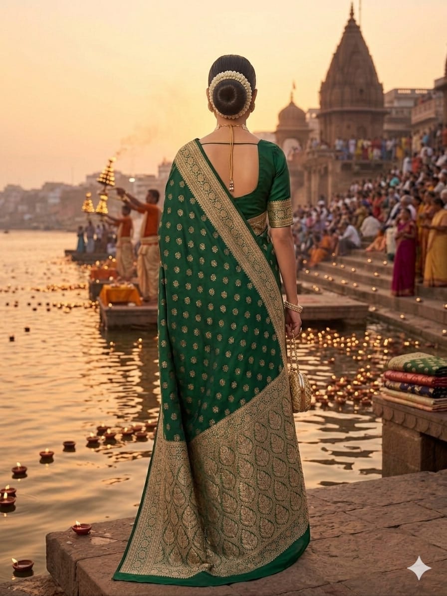 Royal Emerald Green Katan Silk Banarasi Saree | Golden Zari Floral Butis & Ornate Pallu