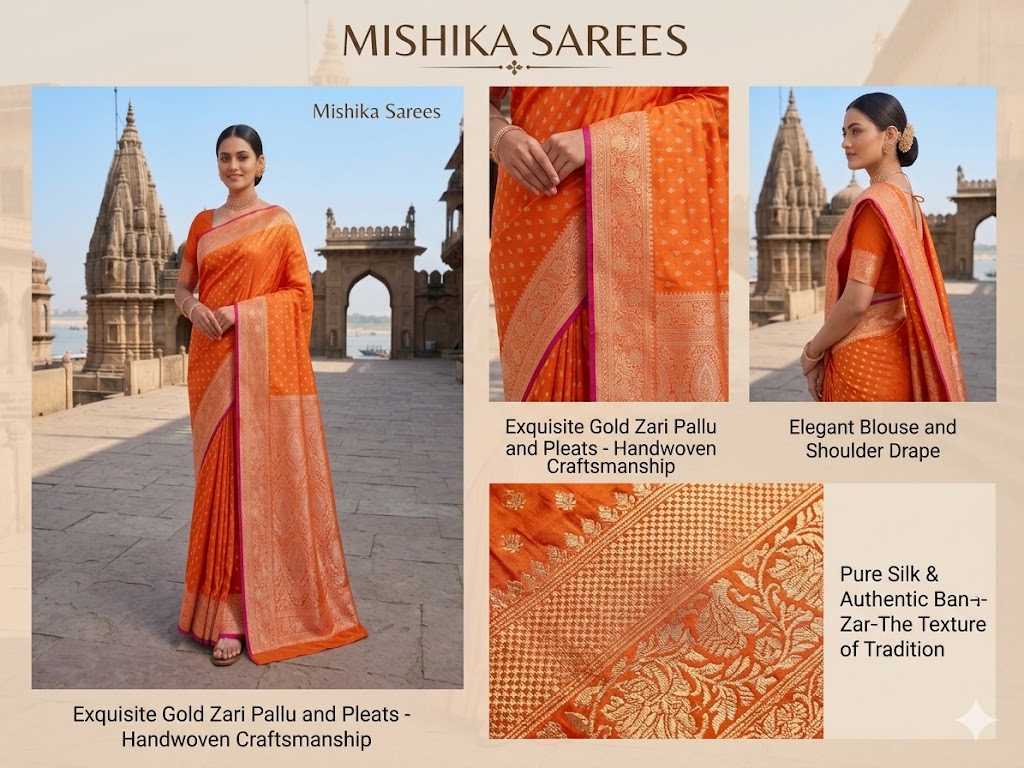 Radiant Tangerine Orange Mashru Silk Saree with Ornate Banarasi Zari Pallu | 5.5m Premium Festive Wear with 0.8m Blouse