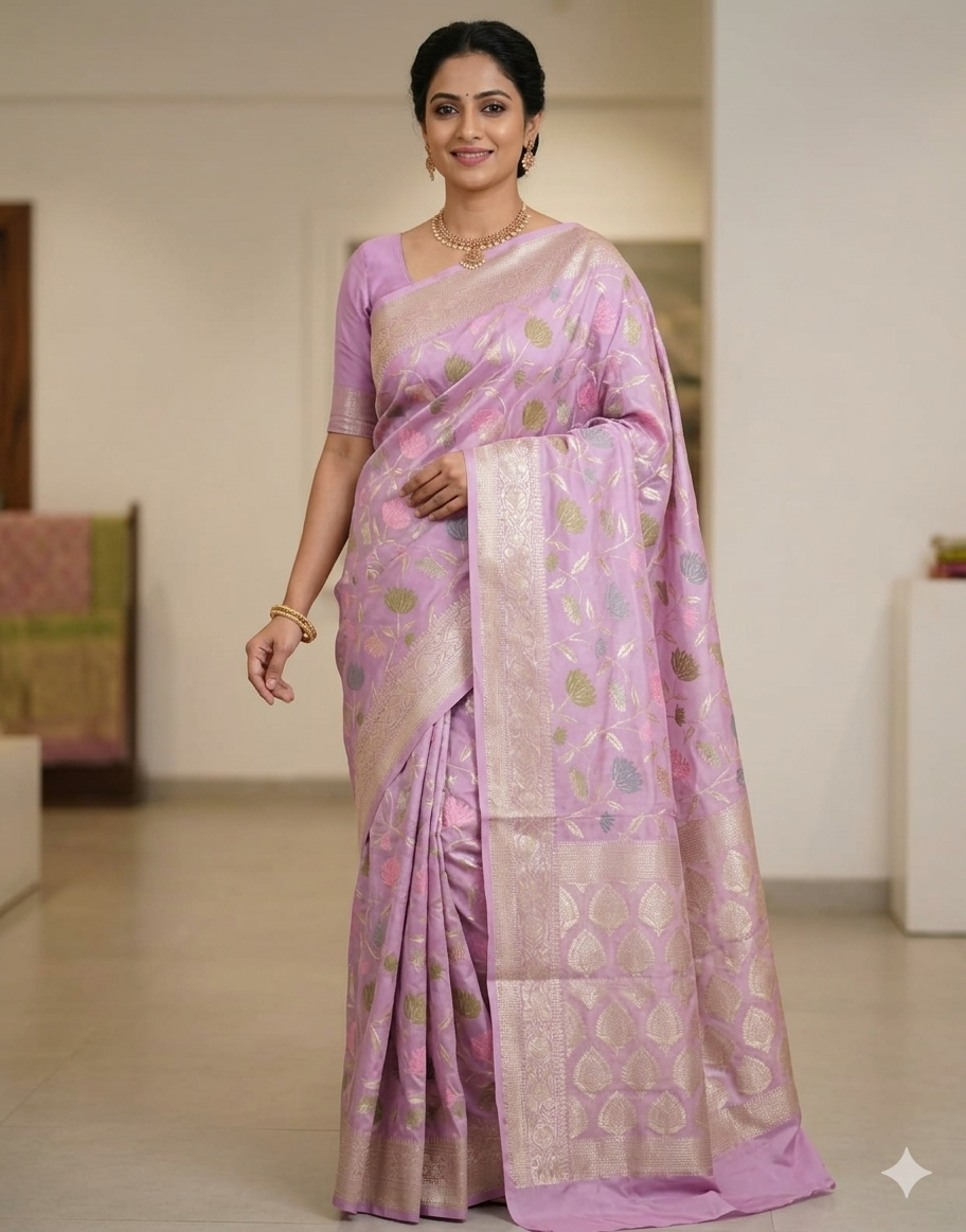 Lavender Silk Saree with Zari Border | Lightweight Office, Party & Daily Wear Saree