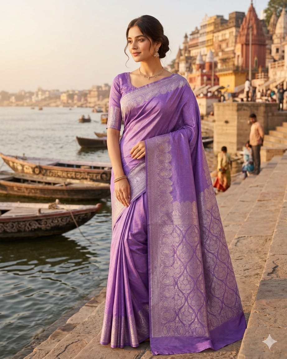 Purple Mashru Silk Saree with Rich Woven Border & Elegant Pallu | Mishika Sarees