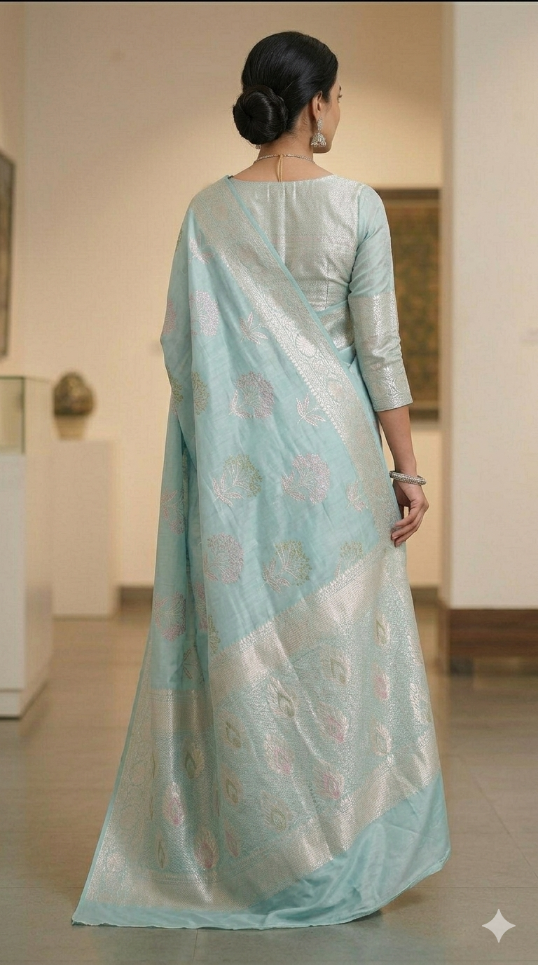 Sea Green Silk Saree with Zari Border | Lightweight Office & Party Wear Saree