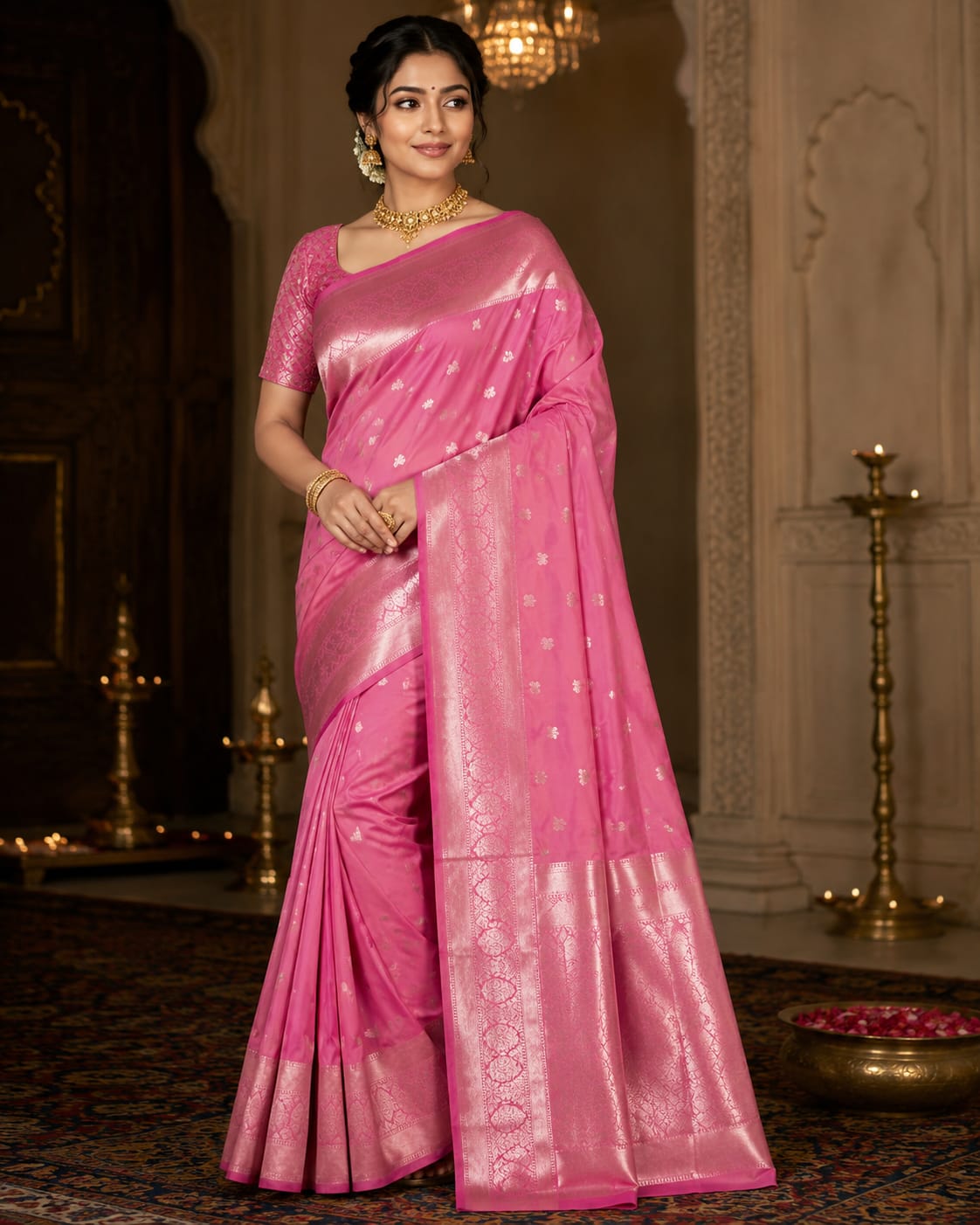 Lightweight Pink Silk Saree for Women | Soft Elegant Zari Saree Online – Mishika Sarees