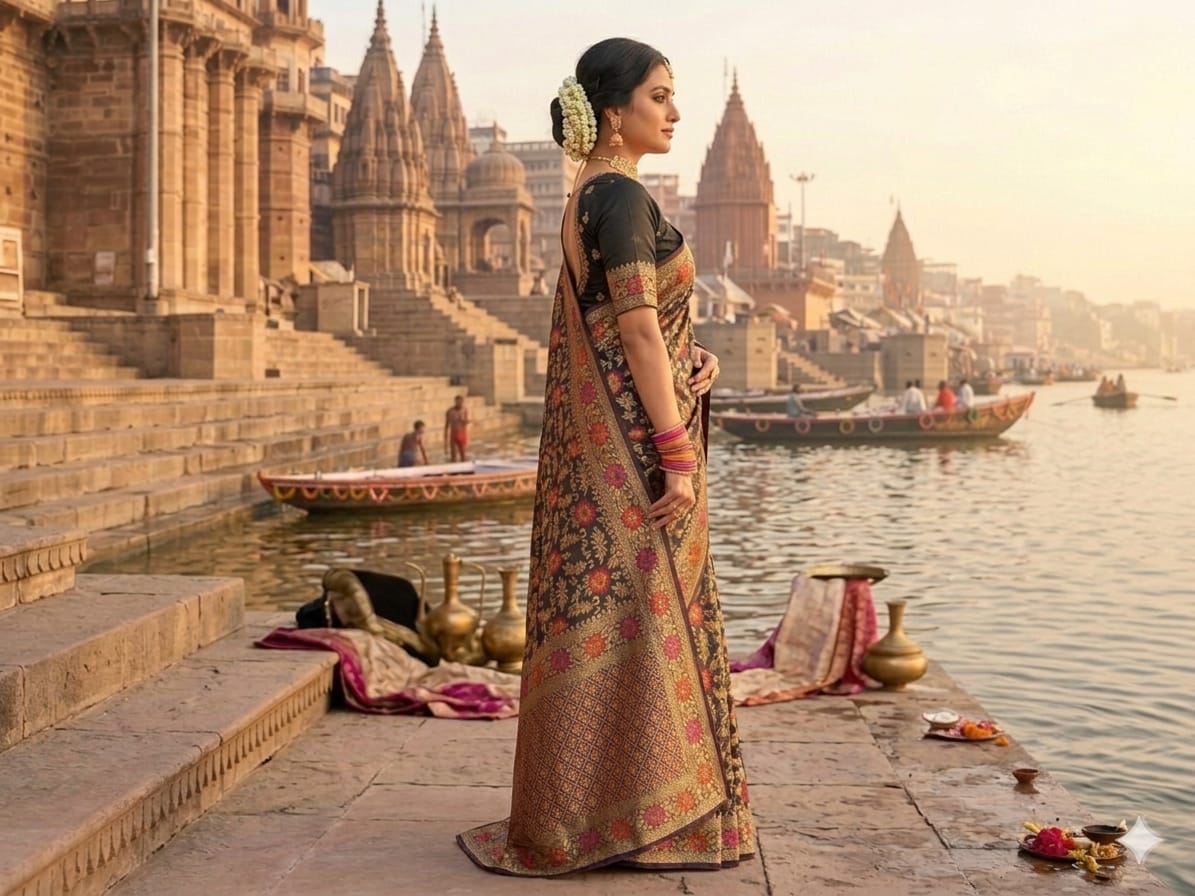 Midnight Black Dola Silk Saree | Exquisite Floral Woven Designer Saree for Elegant Evenings | Mishika Sarees