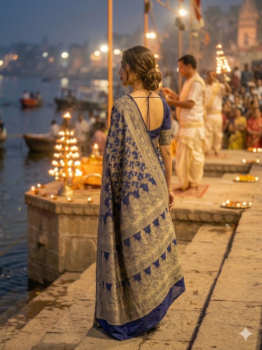 Midnight Blue Katan Silk Jaal Saree with Antique Zari Work – Elegant Occasion Wear