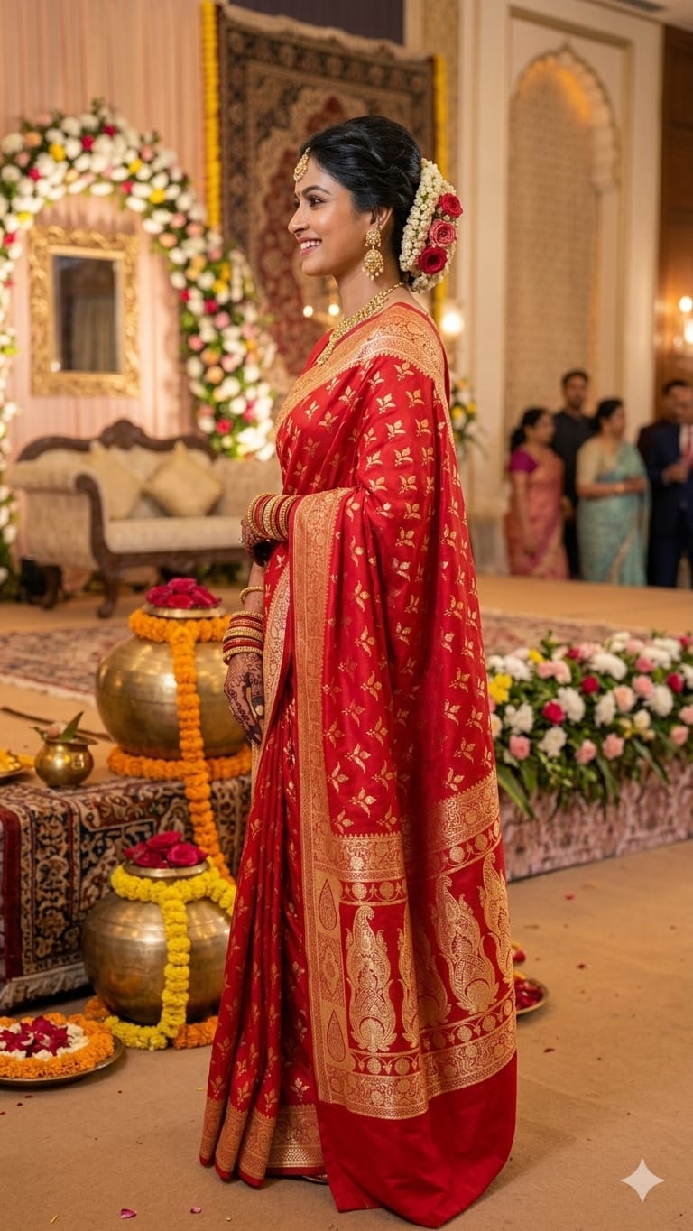 Red Banarasi Silk Saree with Goldeb Zari Work 