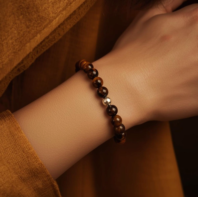 NATURAL 6MM TIGER EYE BRACELET WITH SILVER