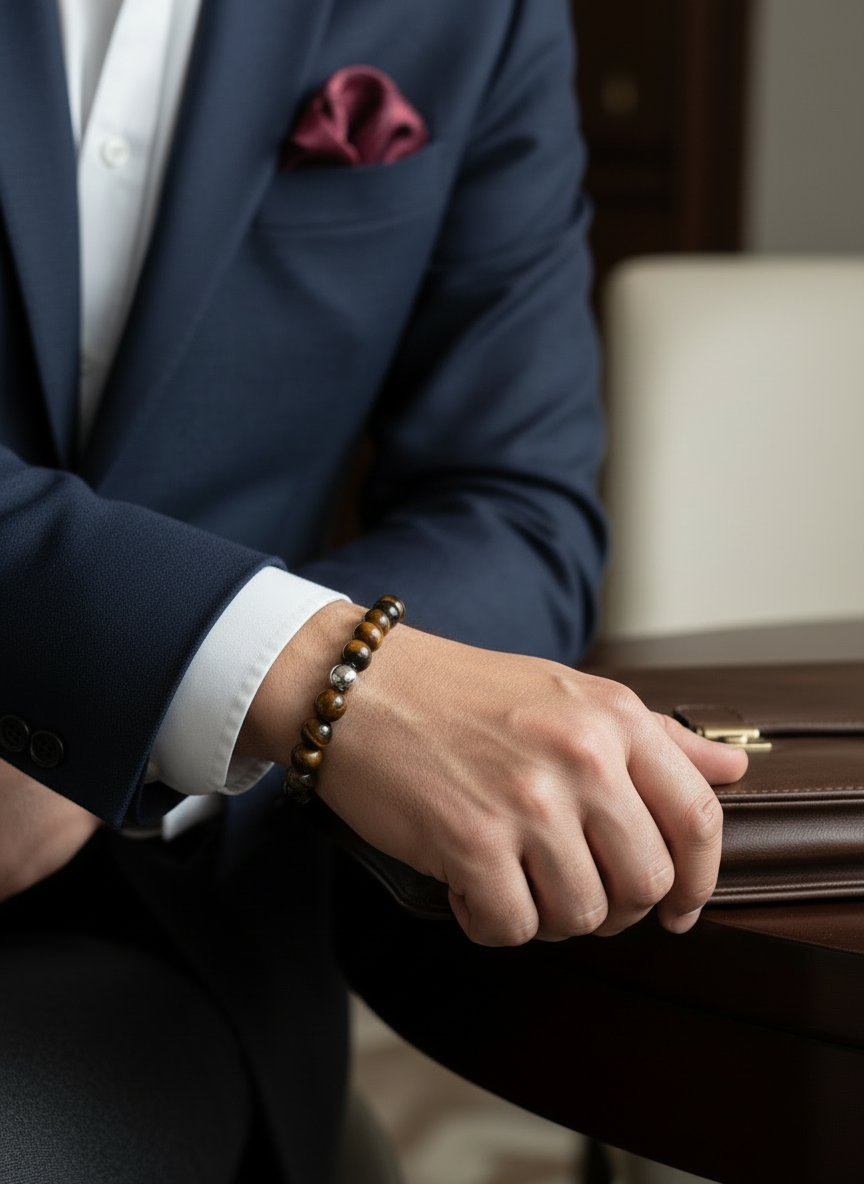 NATURAL 6MM TIGER EYE BRACELET WITH SILVER