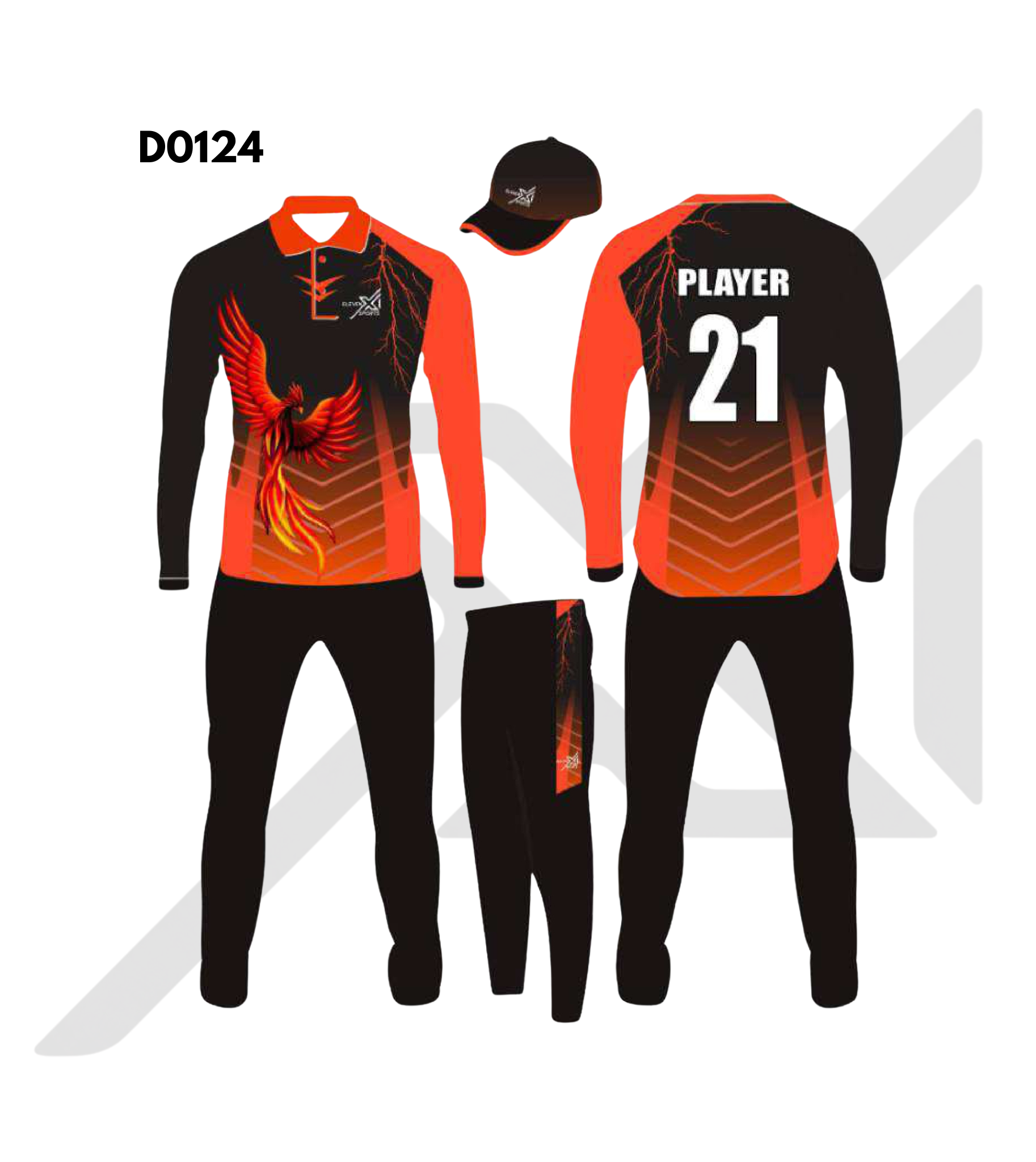Black Orange Phoenix Graphic Cricket Kit – Design 0124 (Es-D0124)