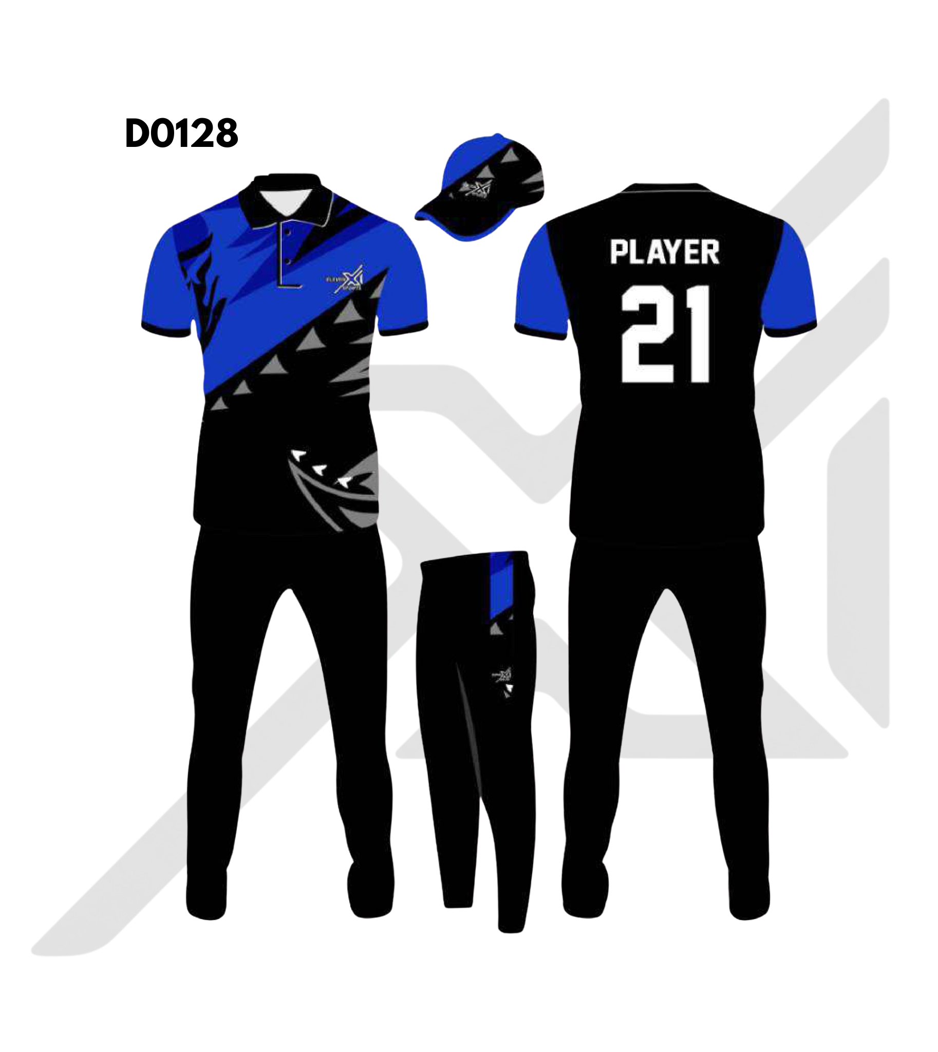 Black Royal Blue Monochrome Geometric Cricket Kit – Design 0128 (Es-D0128)