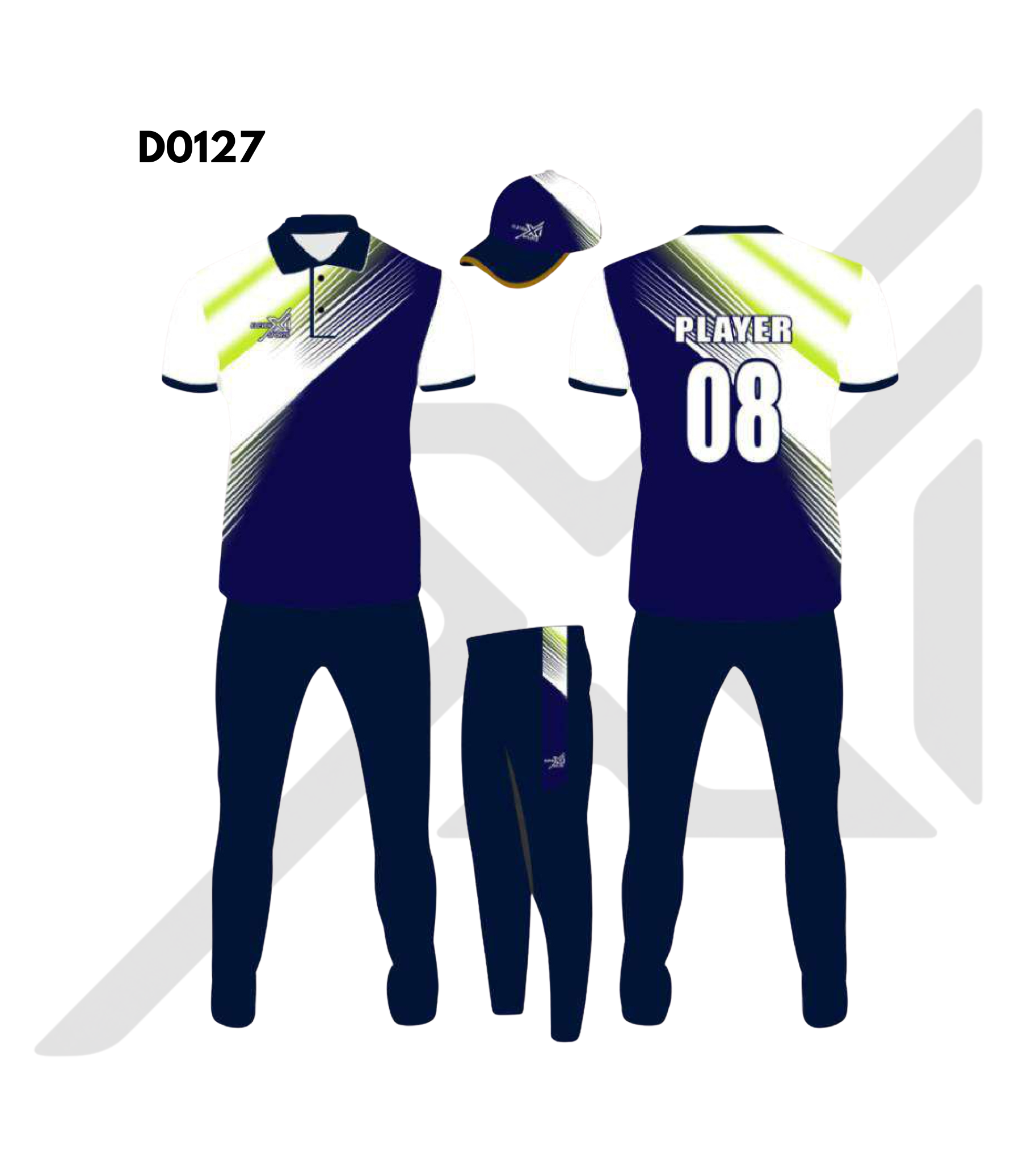 White Navy Blue Diagonal Stripe Cricket Kit – Design 0127 (Es-D0127)