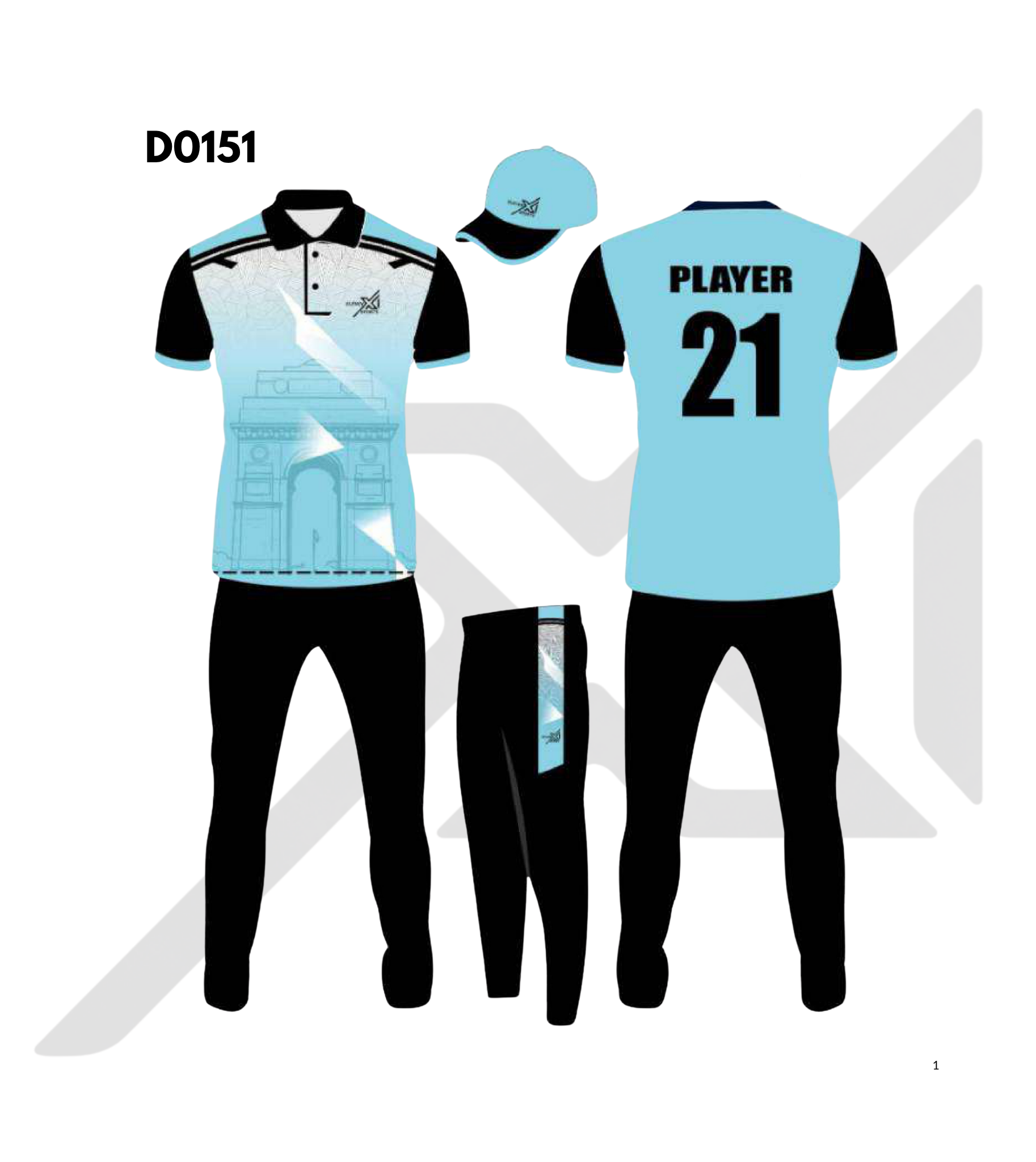 Sky Blue Black Monochrome Geometric Cricket Kit – Design 0151 (Es-D0151)