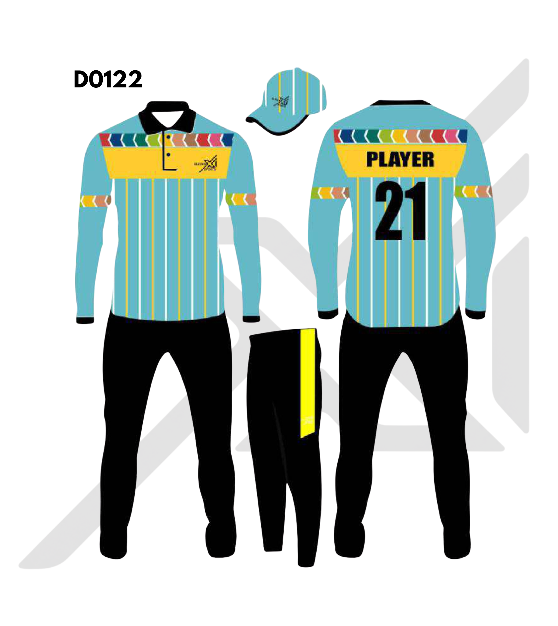 Sky Blue Yellow Vertical Stripe Cricket Kit – Design 0122 (Es-D0122)