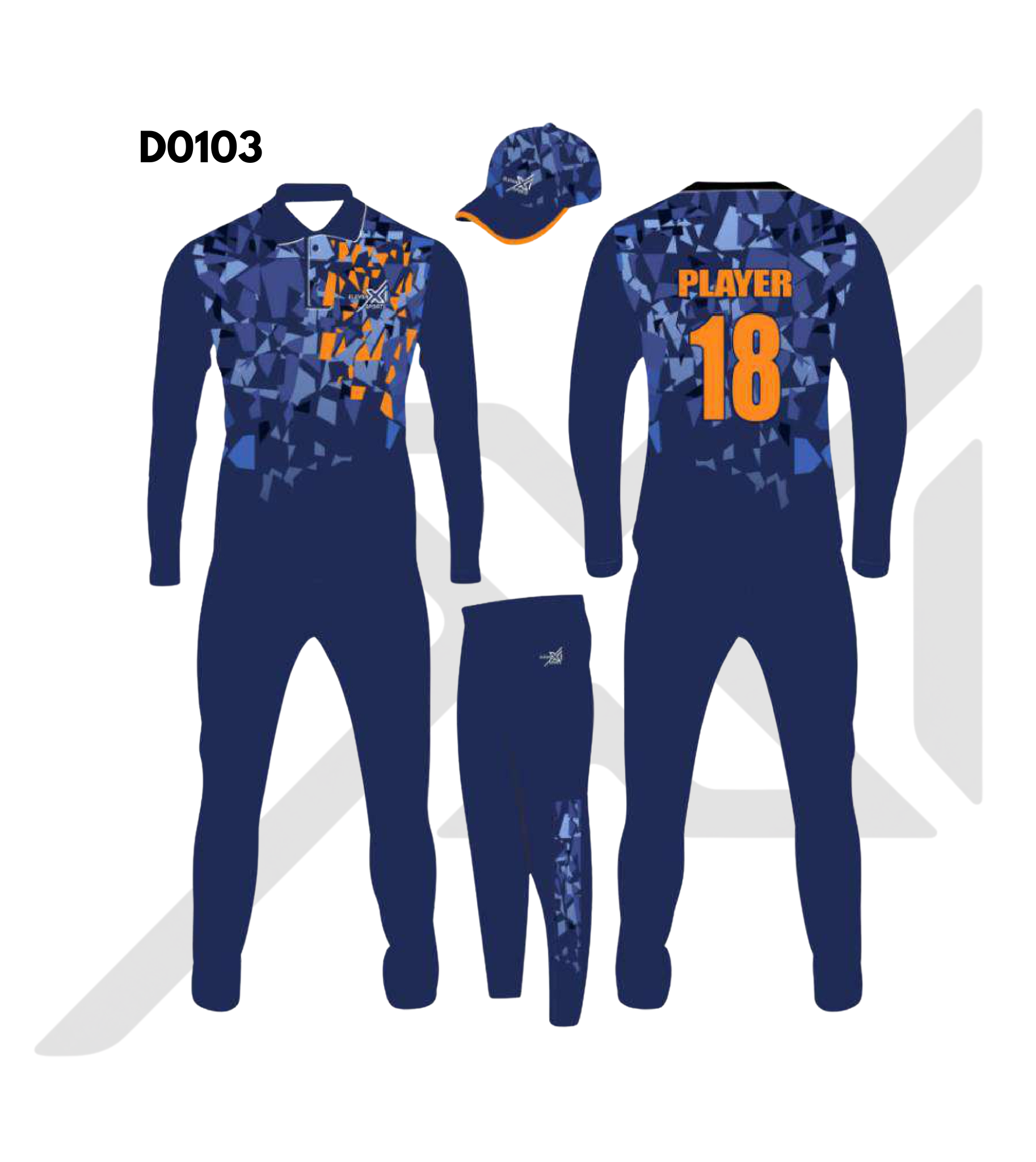 Navy Blue Orange Geometric Shattered Cricket Kit – Design 0103 (Es-D0103)