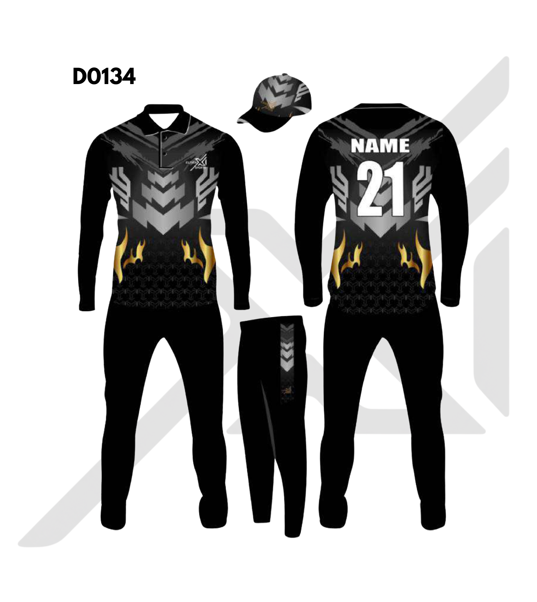 Black Grey Flame Geometric Cricket Kit – Design 0134 (Es-D0134)