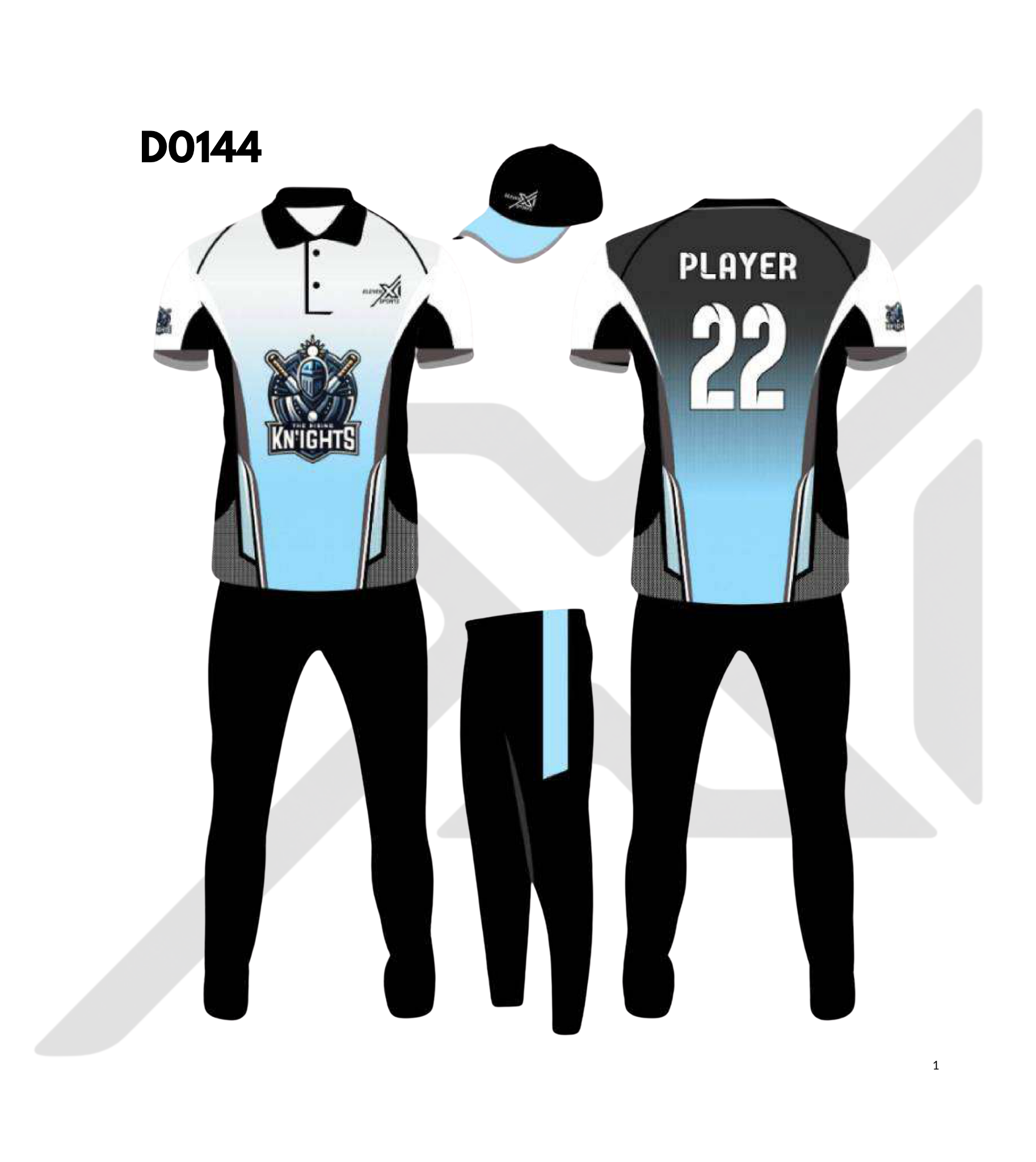 White Sky Blue Lightning Graphic Cricket Kit – Design 0144 (Es-D0144)