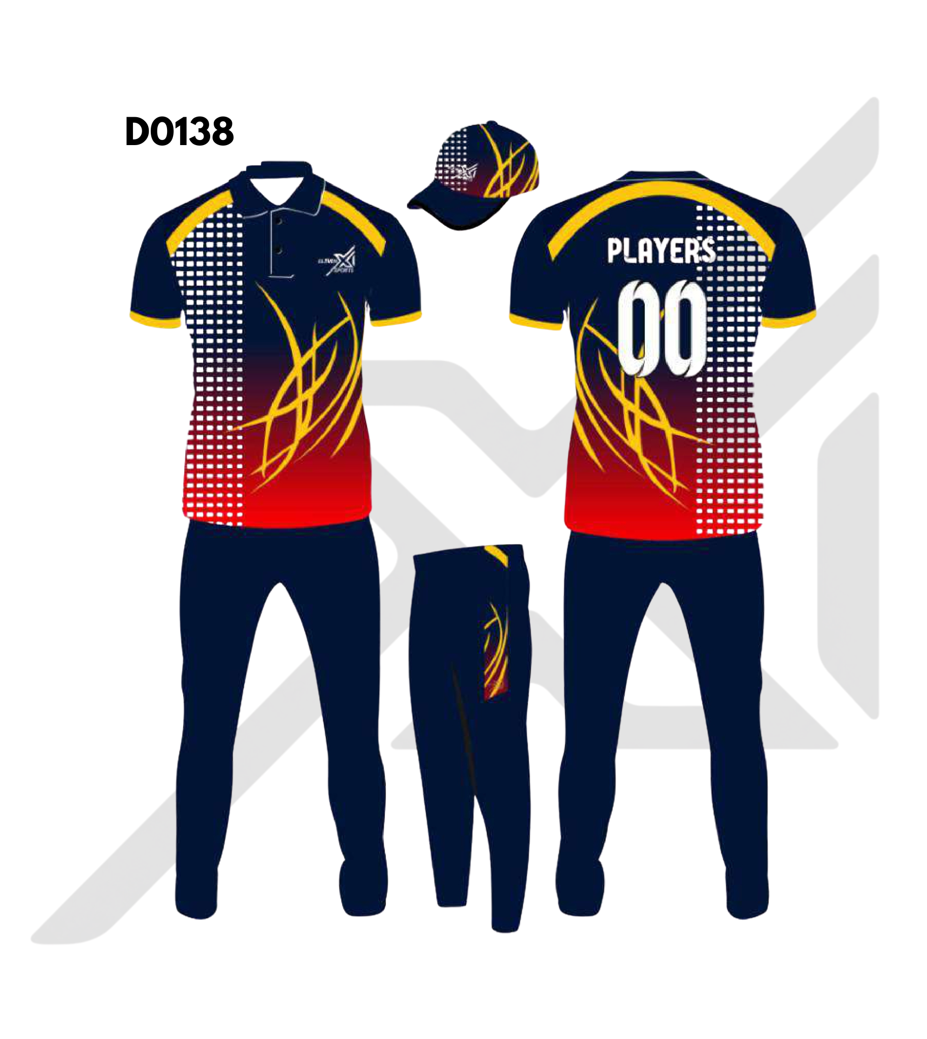 Navy Blue Red Dotted Flame Cricket Kit – Design 0138 (Es-D0138)