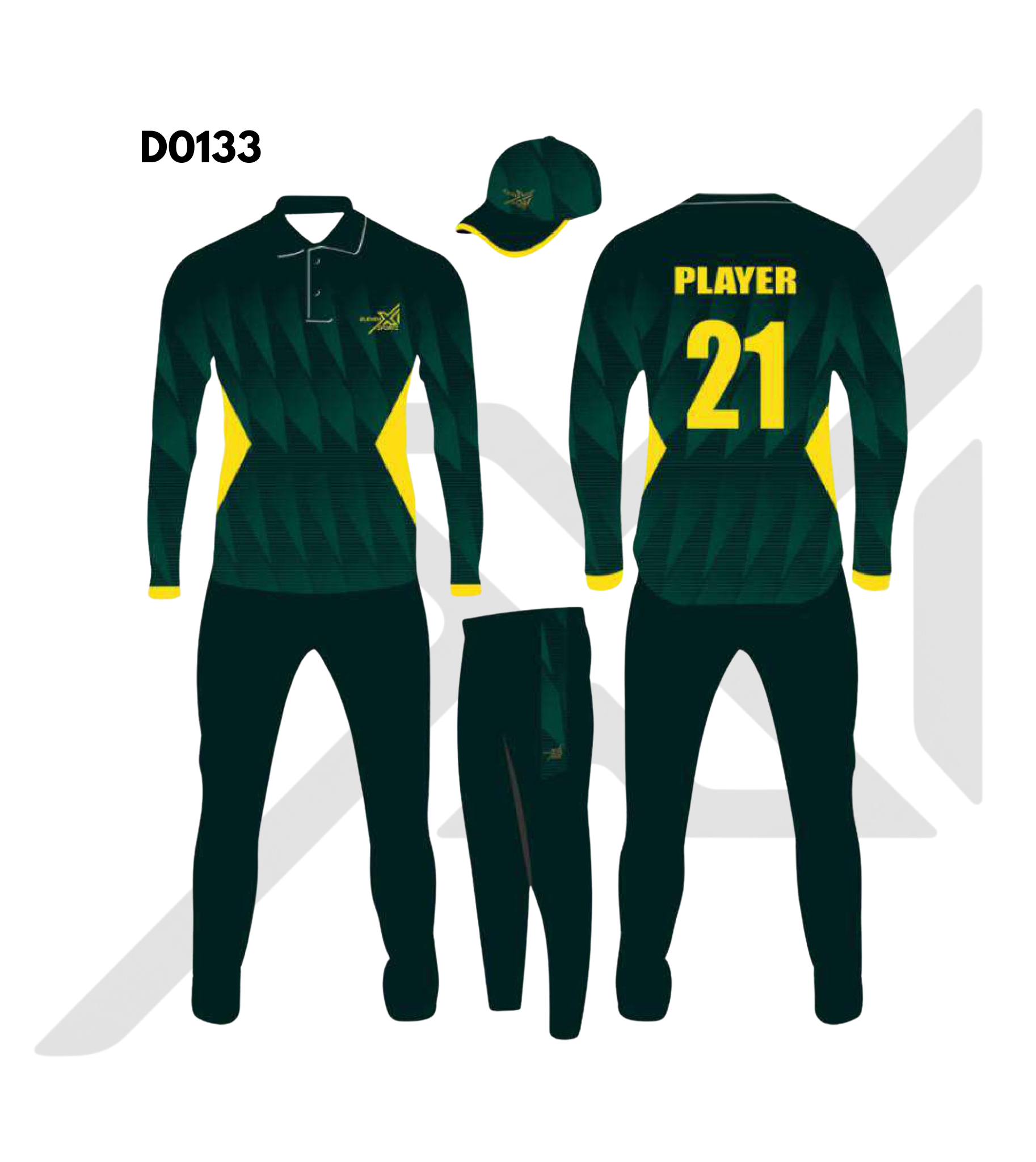 Dark Green Yellow Geometric Panels Cricket Kit – Design 0133 (Es-D0133)