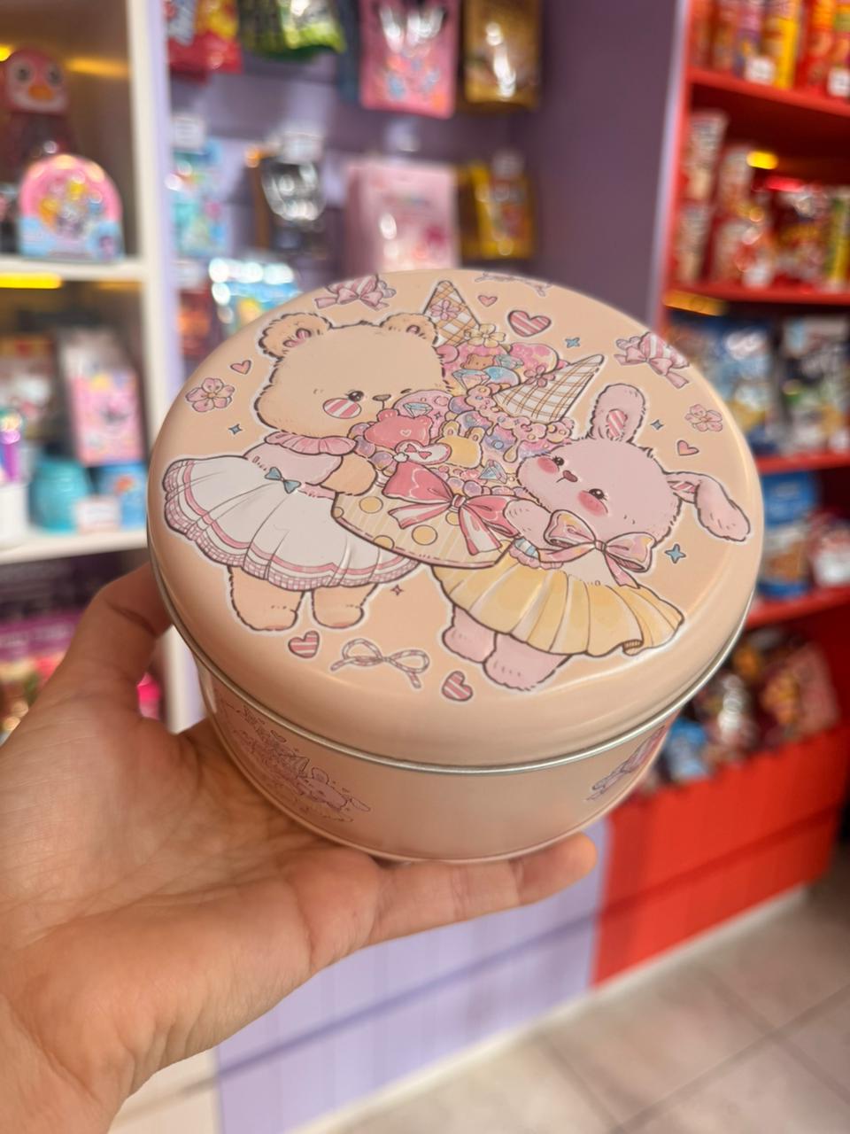 Lata osito y conejo rosa viejo (macarrones)