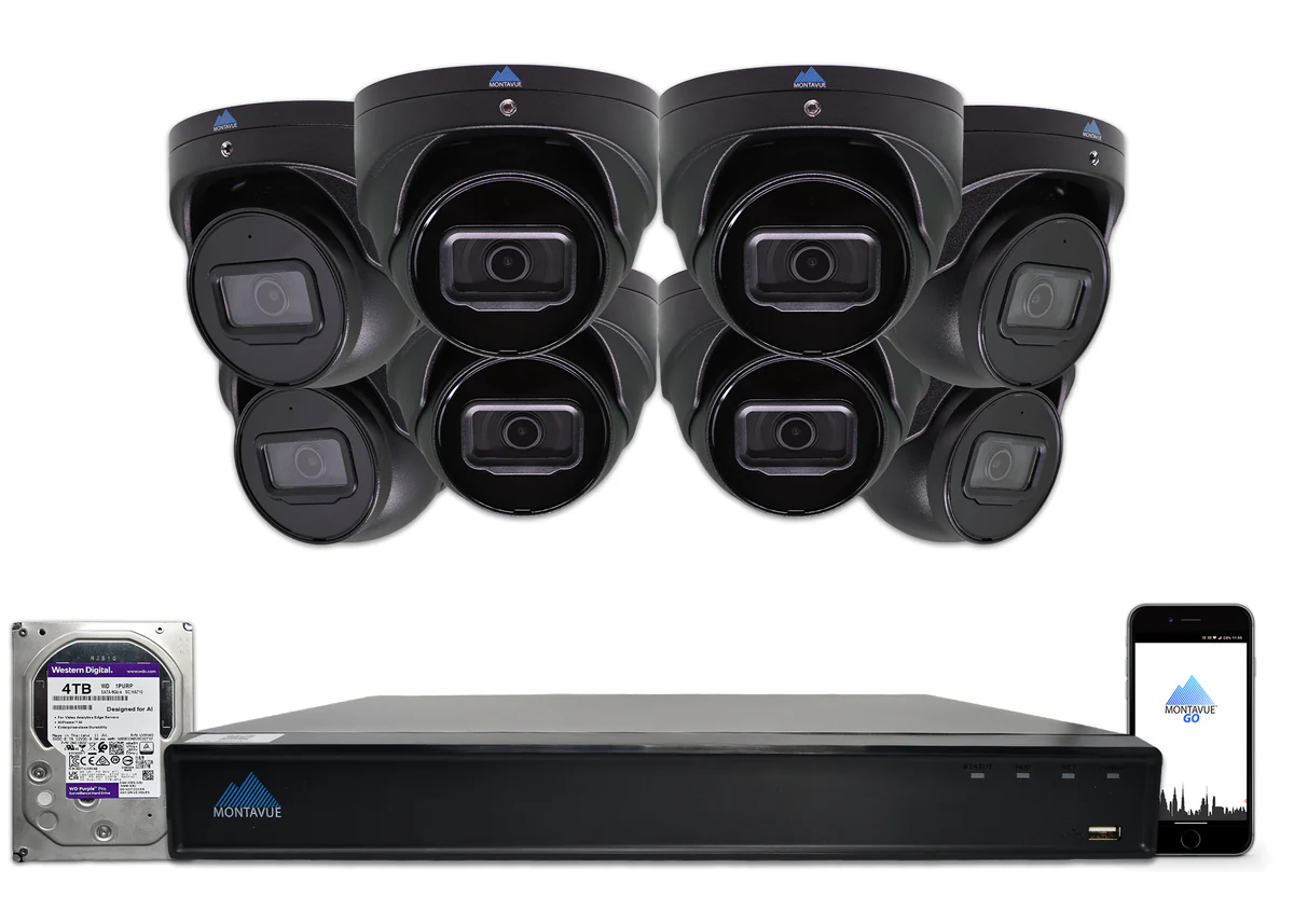 Montavue  8MP 4K Basin AI Smart Motion Turret Cameras and 16 Channel NVR with 4TB HDD