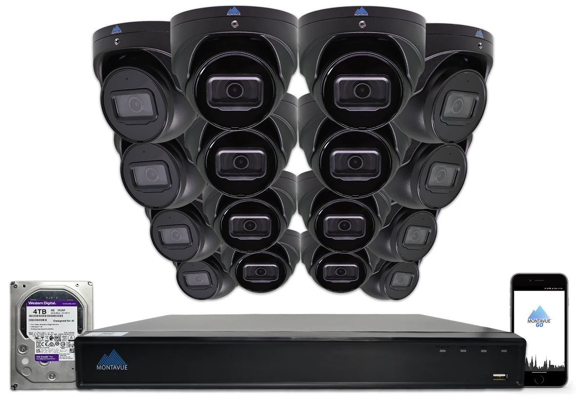 Montavue  8MP 4K Basin AI Smart Motion Turret Cameras and 16 Channel NVR with 4TB HDD