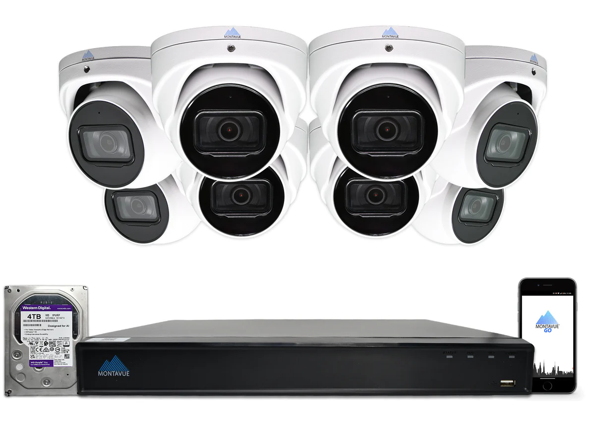 Montavue  8MP 4K Basin AI Smart Motion Turret Cameras and 16 Channel NVR with 4TB HDD