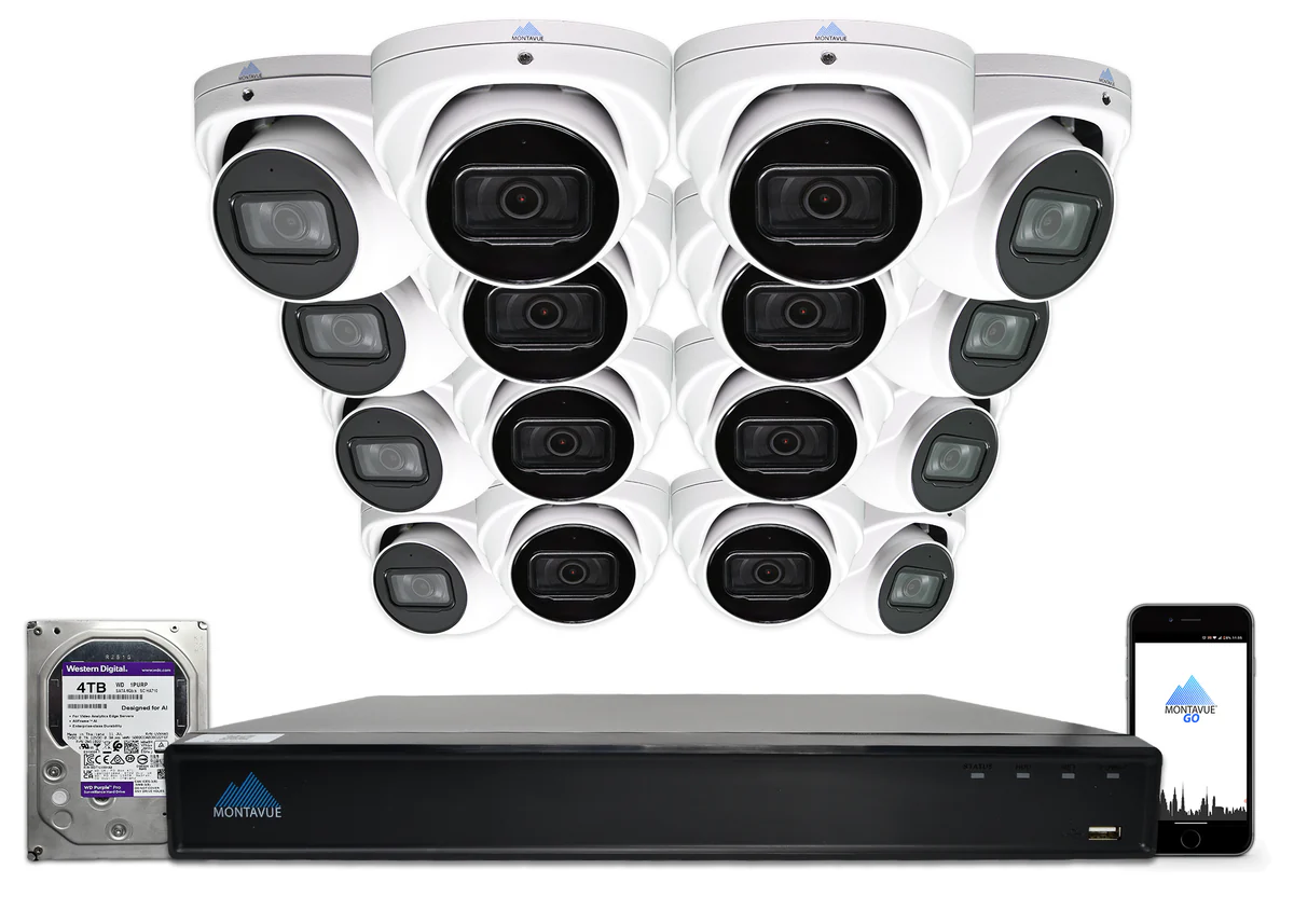 Montavue  8MP 4K Basin AI Smart Motion Turret Cameras and 16 Channel NVR with 4TB HDD