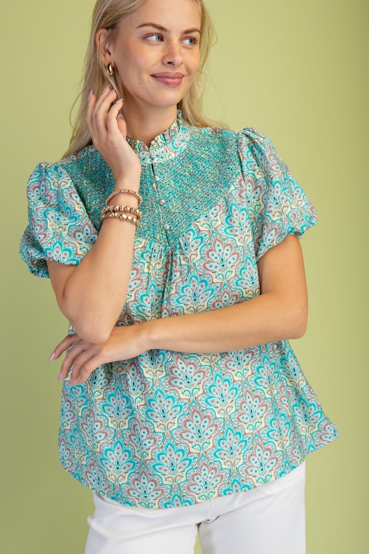 Printed Ruffle Collar Half Button Top