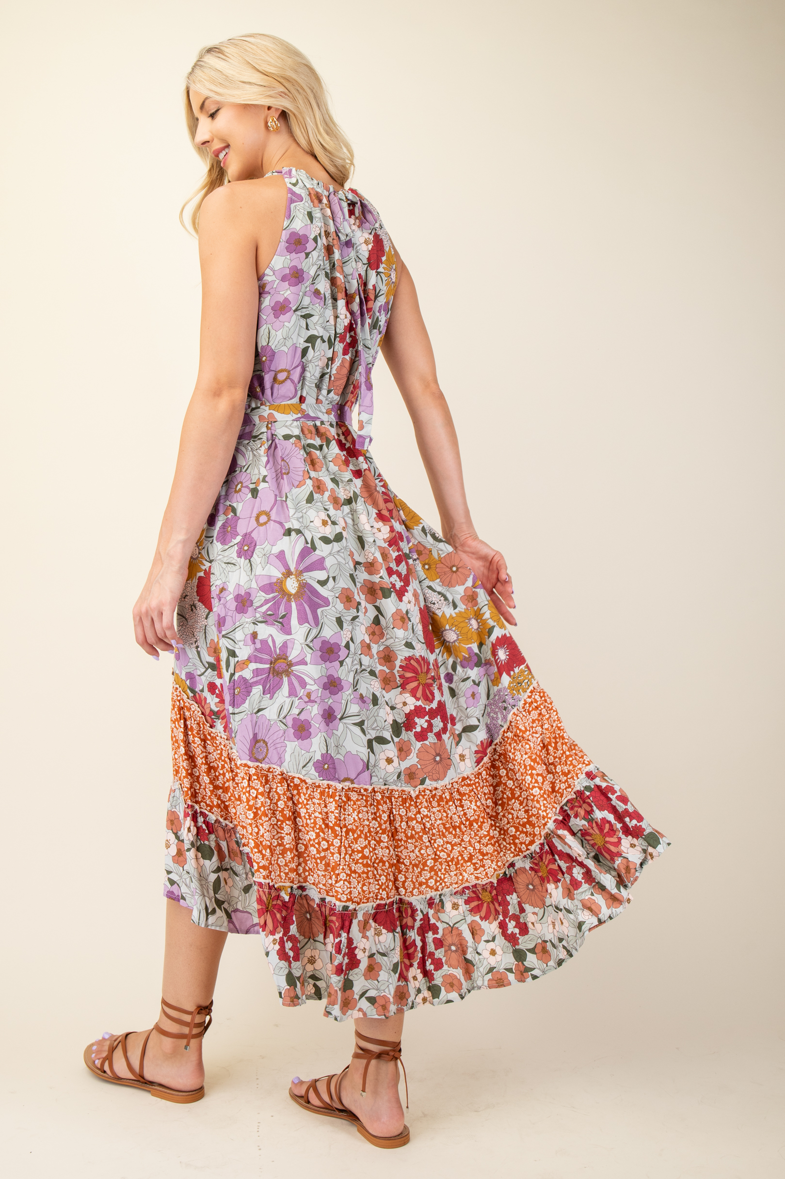 Floral Print Halter Neck Hi-lo Hem Maxi Dress