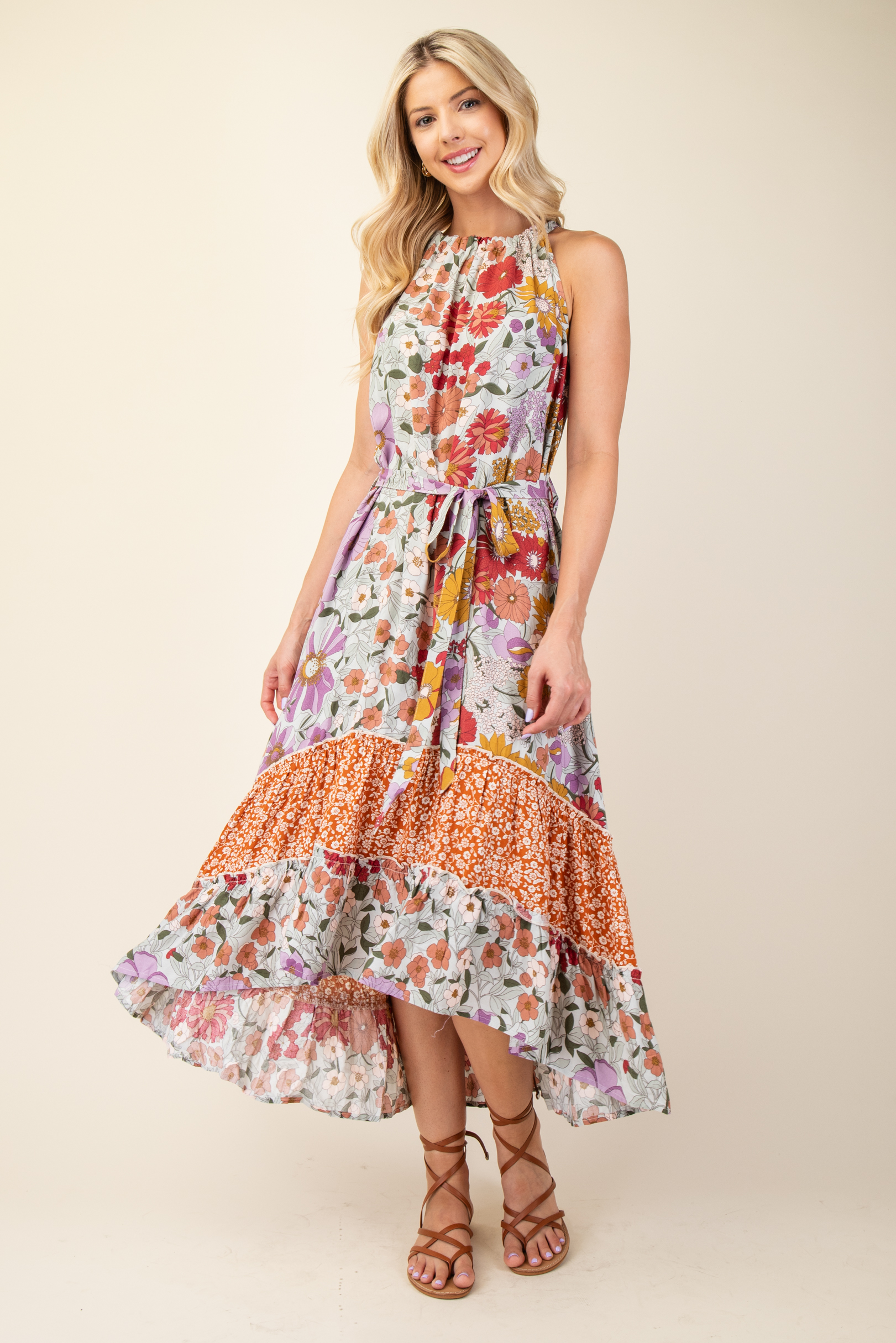 Floral Print Halter Neck Hi-lo Hem Maxi Dress