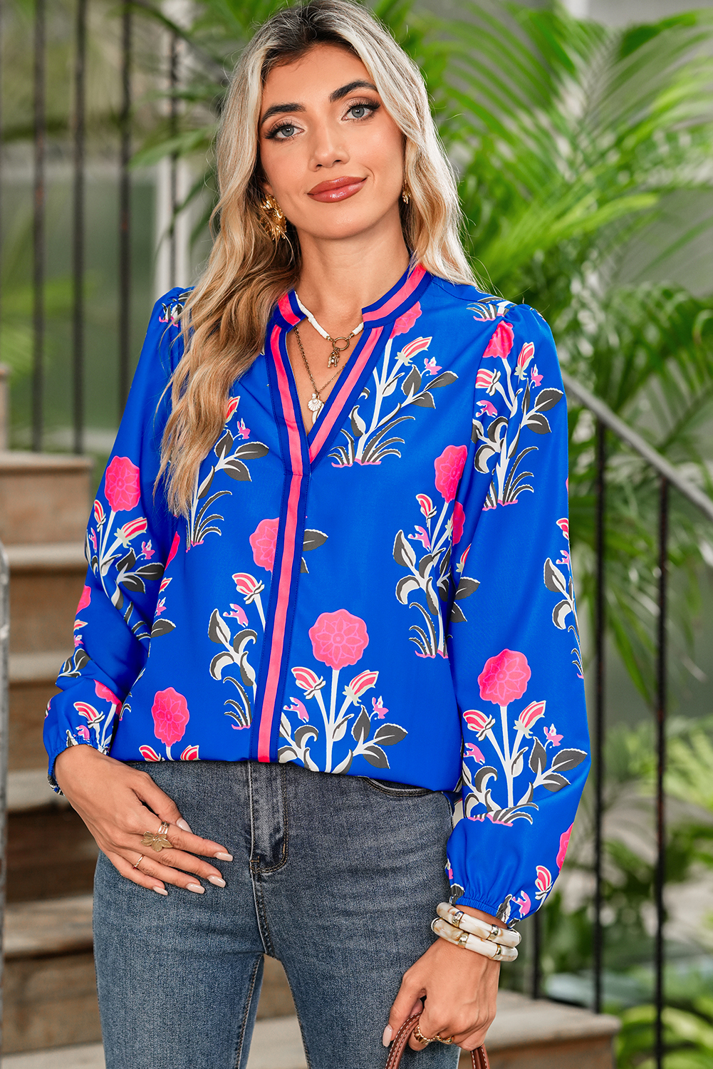 Floral Print Blue Blouse