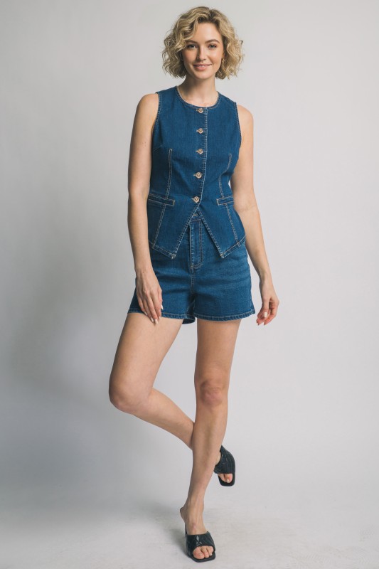 Denim Button-Up Vest & Shorts Set