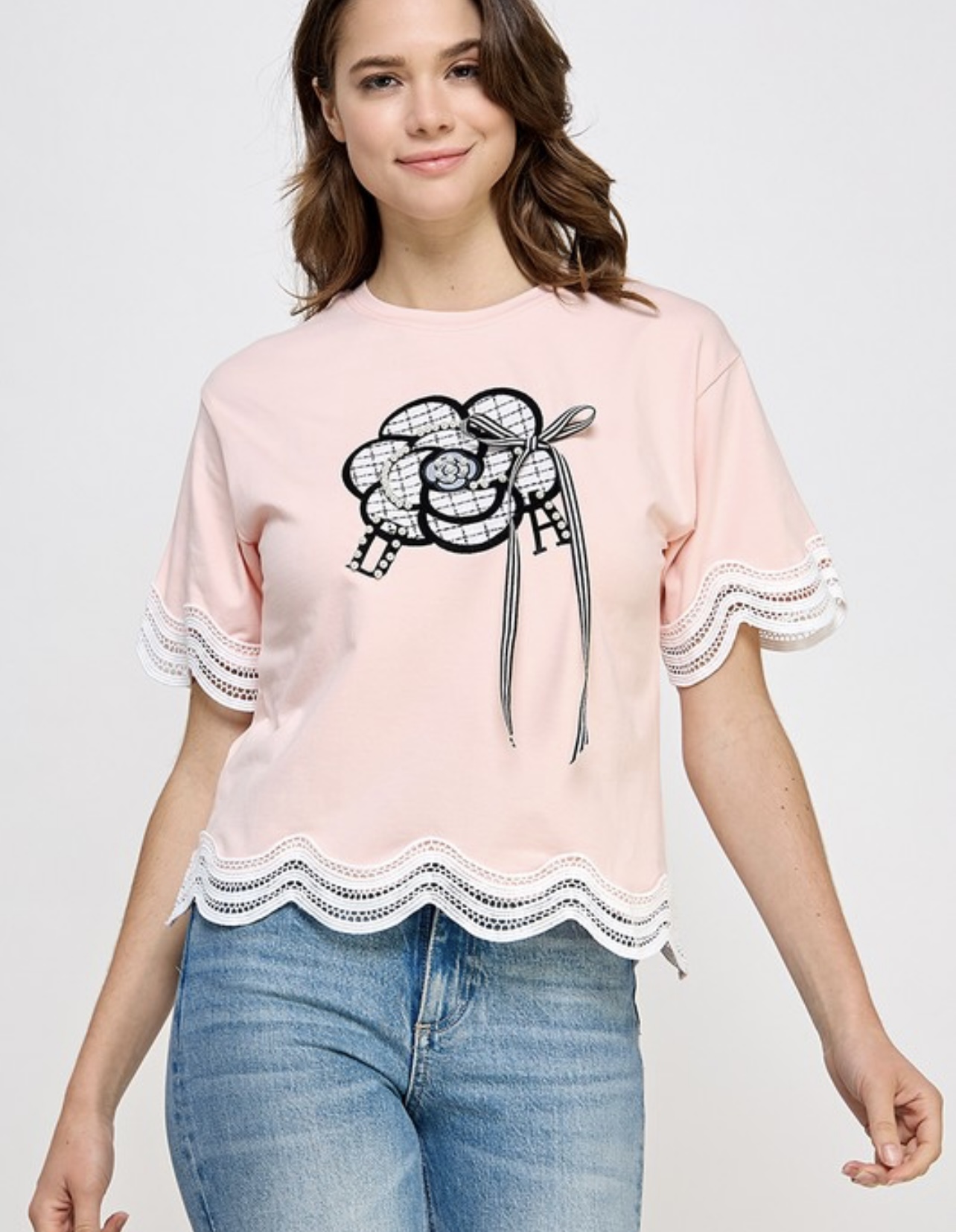 Yellow  / Light Pink  Floral Embroidered T-Shirt