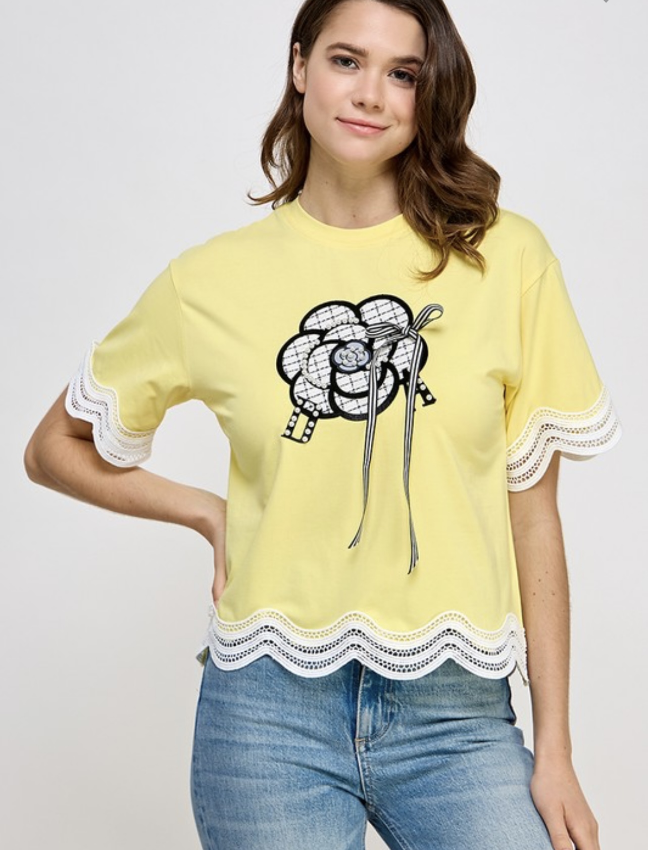 Yellow  / Light Pink  Floral Embroidered T-Shirt