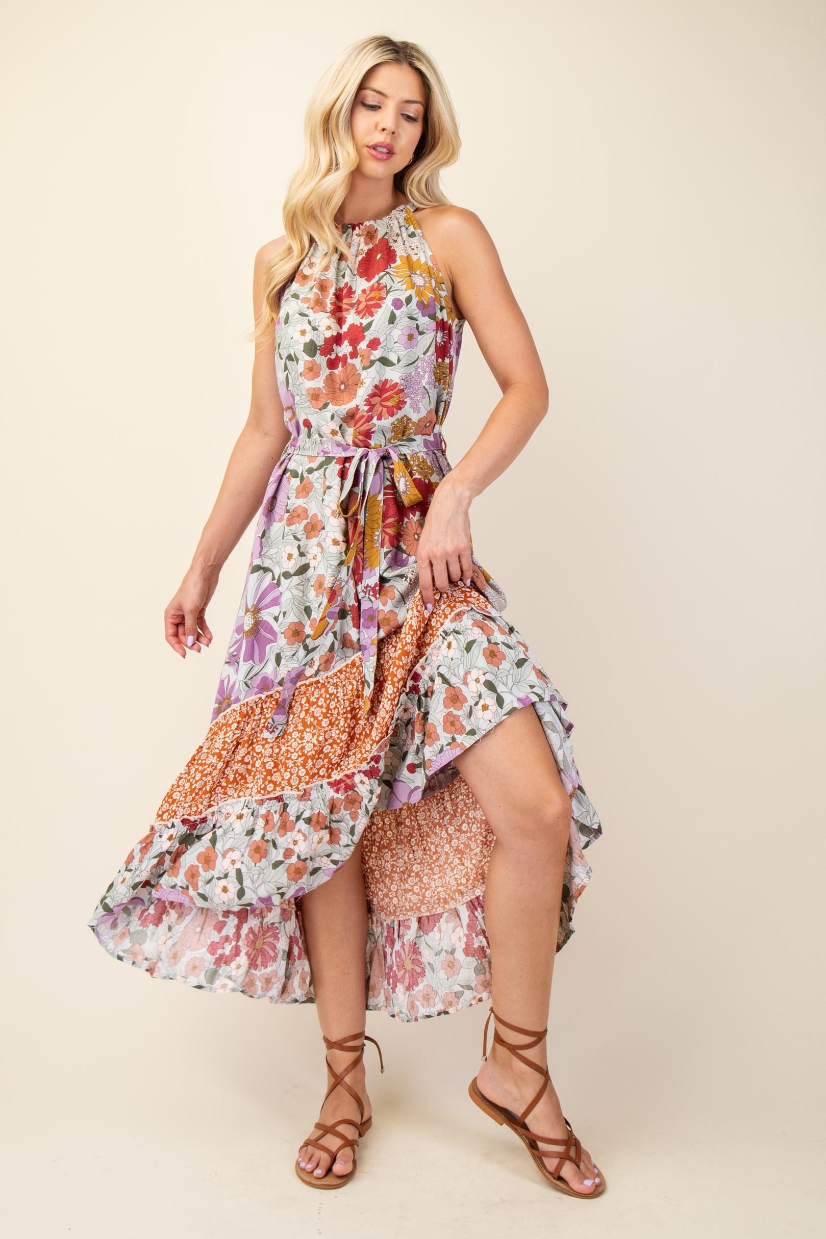 Floral Print Halter Neck Hi-lo Hem Maxi Dress