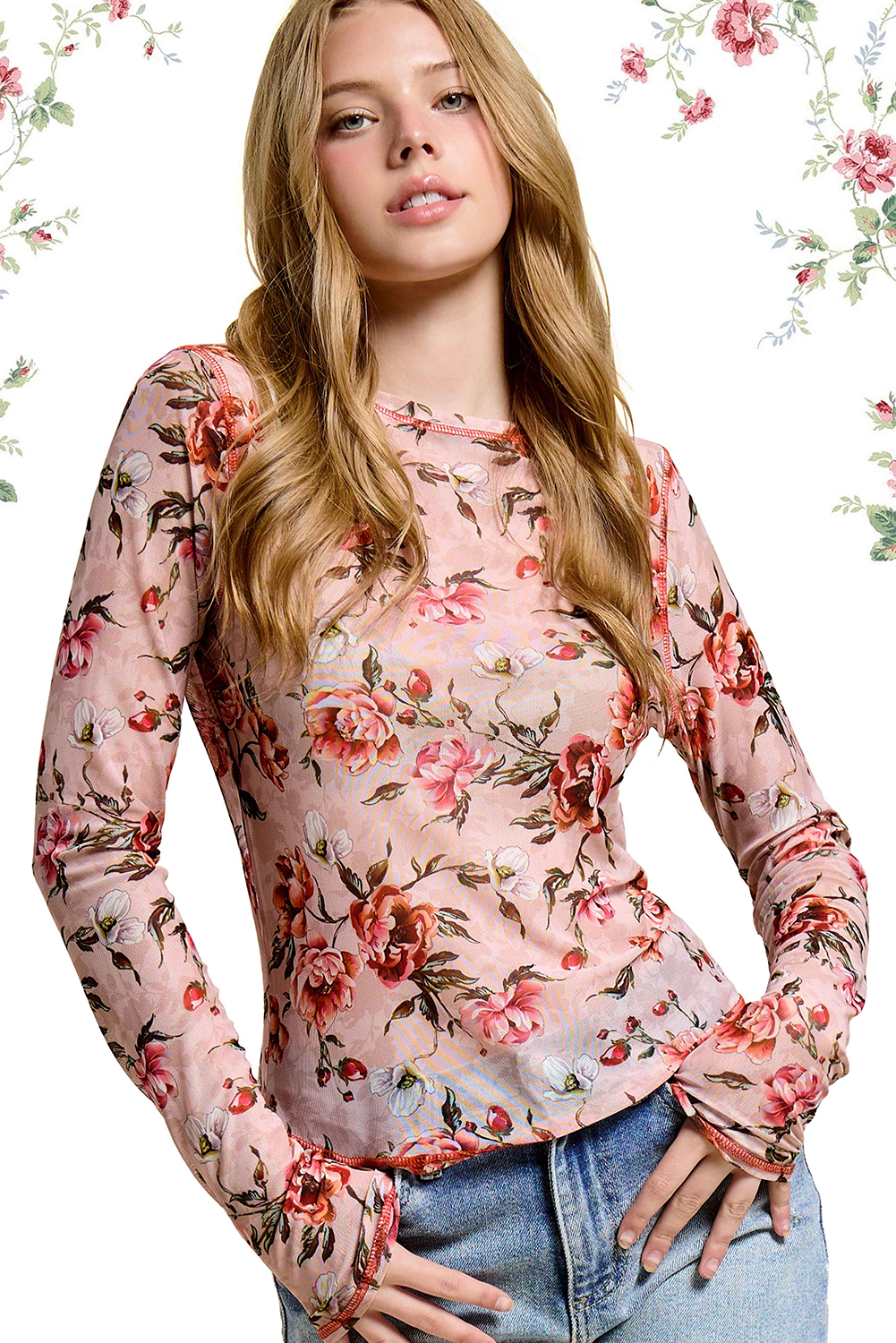 Pink Semi Sheer Crew Neck Long Sleeve Mesh Layering Top