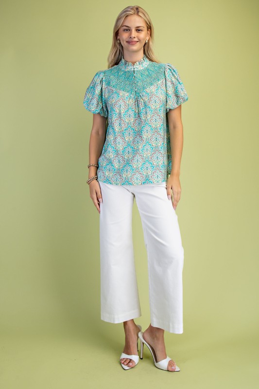 Printed Ruffle Collar Half Button Top