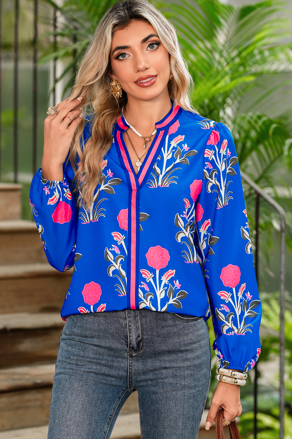 Floral Print Blue Blouse