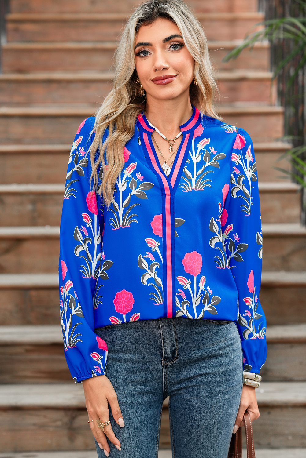 Floral Print Blue Blouse