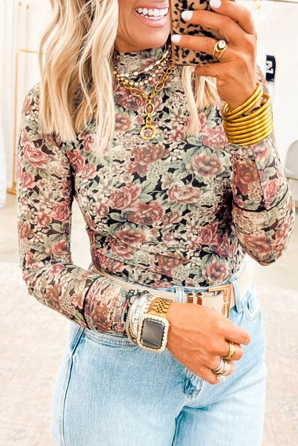 Floral Print Turtleneck Top
