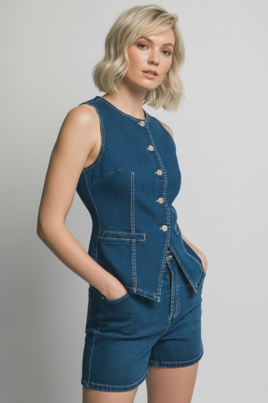 Denim Button-Up Vest & Shorts Set