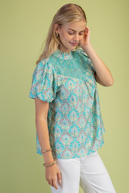 Printed Ruffle Collar Half Button Top