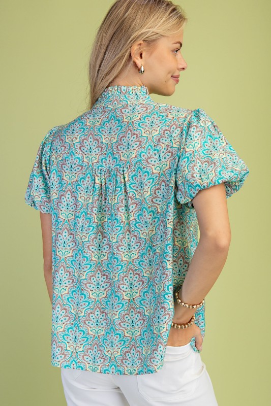 Printed Ruffle Collar Half Button Top